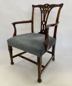 Georgian-style carver open armchair in Chippendale-style with foliate scroll and ribbon carved
