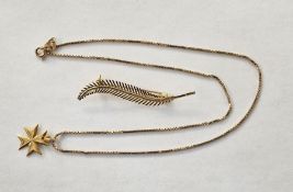 9ct gold feather-shaped brooch, 1.5g approx. and an 18ct gold stud pendant on 9ct gold chain, 4.5g