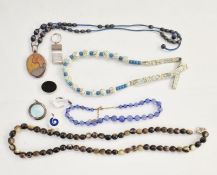 Silver and enamelled compact, circular, string of horn beads, bluestone beads and other costume