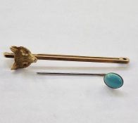 9ct gold bar brooch set with fox head, with garnet eyes, 6g total approx. and a hat pin (2)