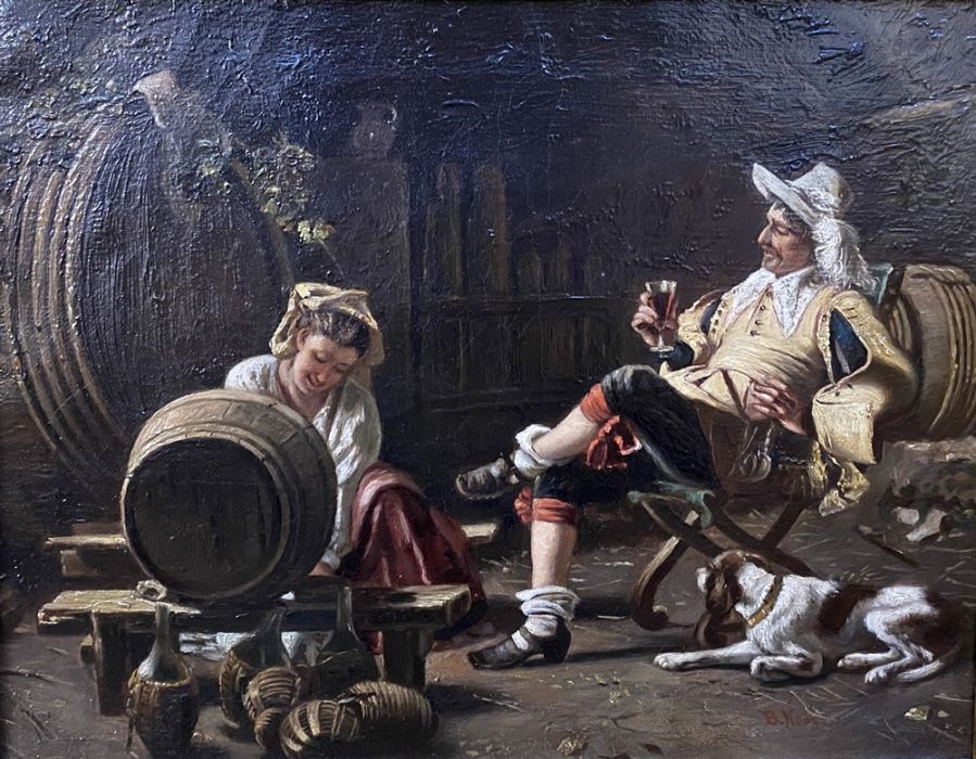 Continental school Oil on canvas 19th century interior scene with man in 17th century dress,