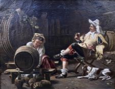 Continental school Oil on canvas 19th century interior scene with man in 17th century dress,