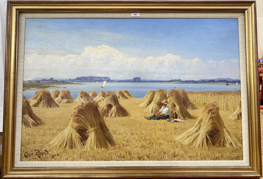 Cecil Mendelssohn Round (1865 -1933) oil on canvas 'Golden Days of Summer' a figure picnicking - Image 6 of 6