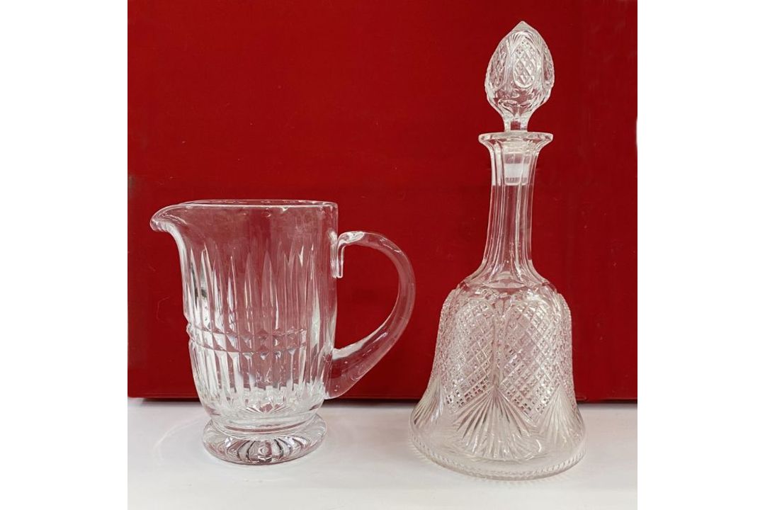 Bell-shaped cut glass decanter, a facet-cut heavy water jug (slight chip inside), a cut glass - Image 3 of 3