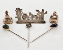 Two Georgian rolled-gold and stone set seals, a blue and white stone stickpin, a green scarab beetle