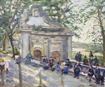 Ernst Pickardt (German 1876-1931) Oil on canvas Continental scene with figures beside a stone