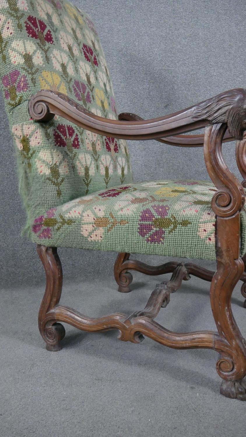 A 19th century Continental walnut armchair in stylised floral tapestry upholstery and lion carved - Image 3 of 7