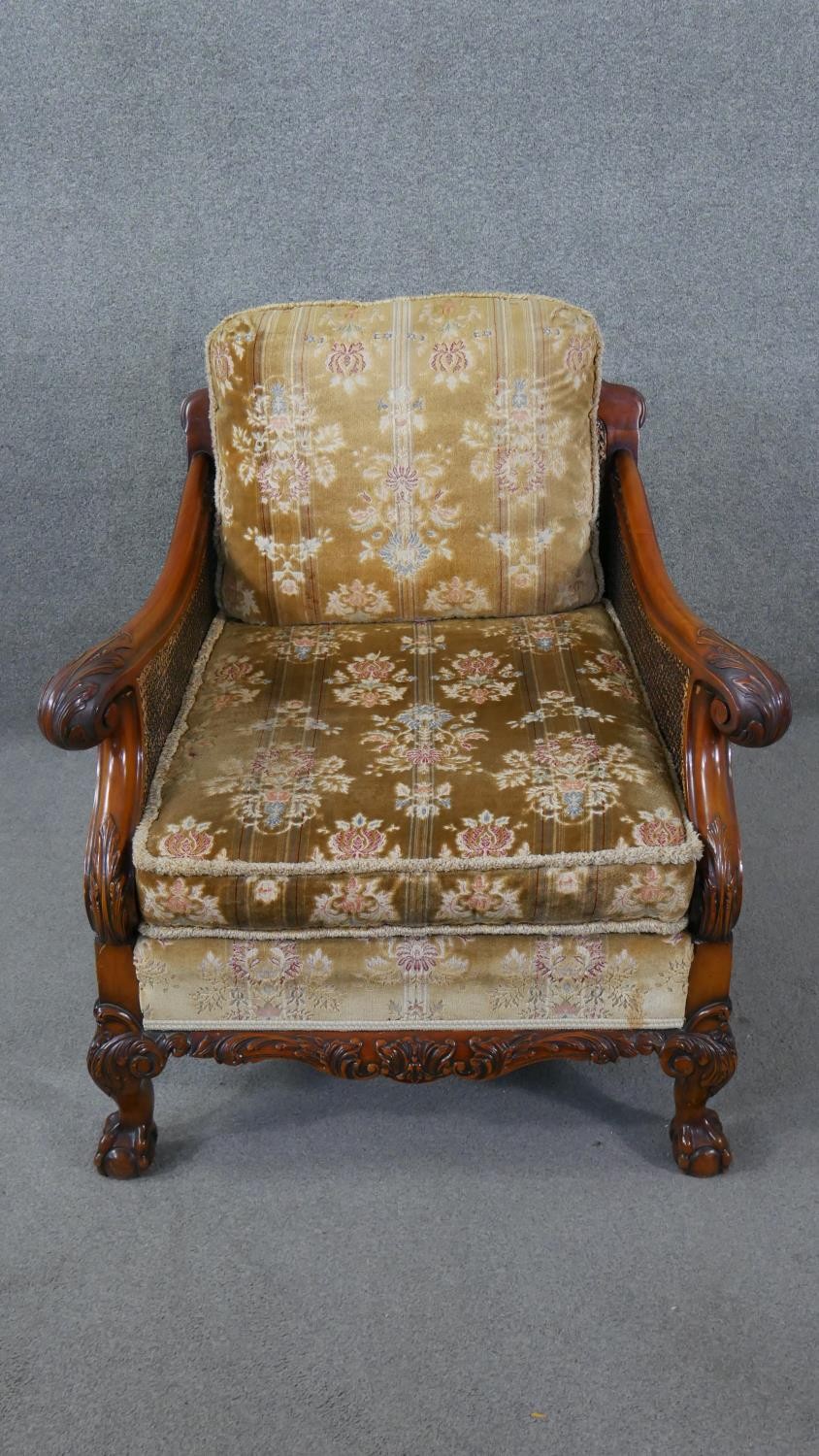 A pair of mid century carved walnut bergere armchairs with double caned sides in cut floral - Image 2 of 9