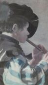 A framed and glazed coloured print of 'Boy playing a flute' after Hendrick Terbrugghen. Label verso.