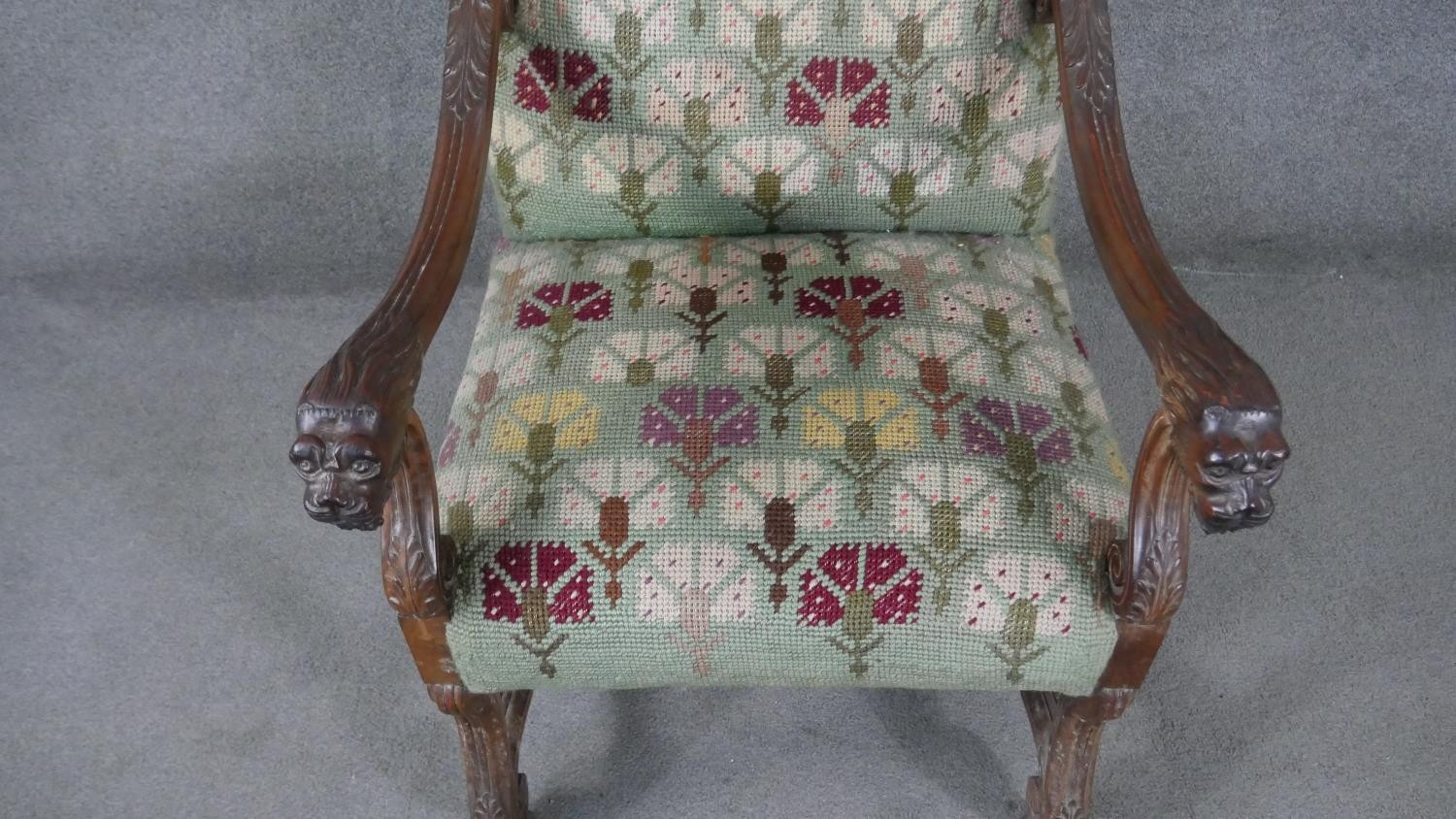 A 19th century Continental walnut armchair in stylised floral tapestry upholstery and lion carved - Image 5 of 7