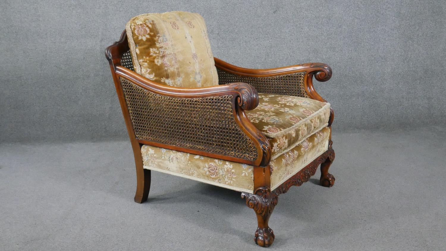 A pair of mid century carved walnut bergere armchairs with double caned sides in cut floral - Image 3 of 9