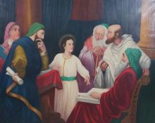 A large gilt framed oil on canvas of 'Christ Among the Doctors.' Unsigned. H.138 W.168cm