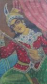 A 20th century oil on board of a seated Indian female in traditional dress playing a sitar. H.69 W.