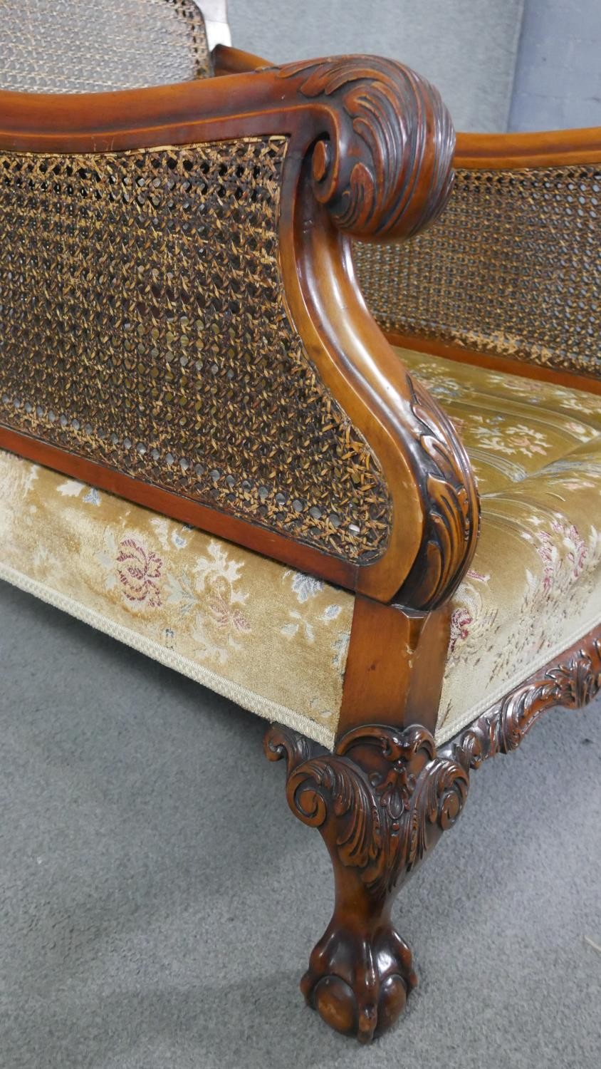 A pair of mid century carved walnut bergere armchairs with double caned sides in cut floral - Image 9 of 9