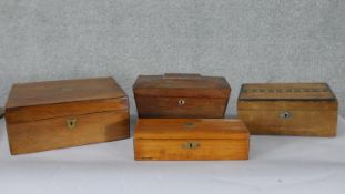 A Regency rosewood sarcophagus shaped tea caddy, a 19th century walnut and inlaid box along with two