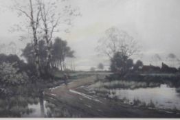 A framed and glazed hand coloured engraving of a countryside landscape with duck pond and farm girl.