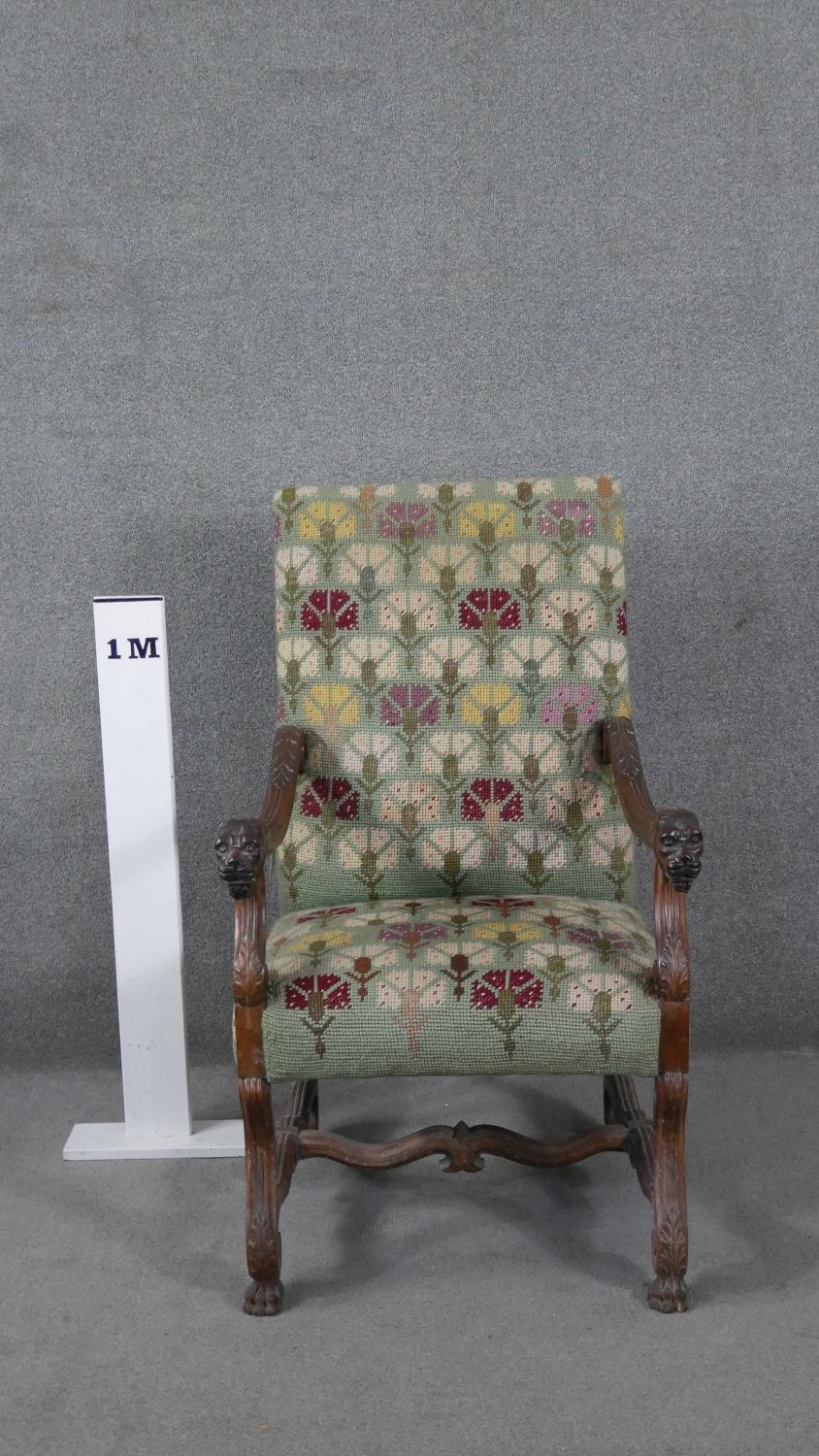 A 19th century Continental walnut armchair in stylised floral tapestry upholstery and lion carved - Image 7 of 7
