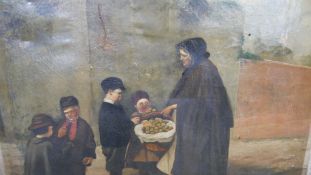 A 19th century oil on canvas of an elderly apple seller surrounded by children. Unsigned. H.113 W.