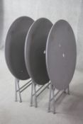 Three vintage metal folding cafe or garden tables. H.74 Diam 78 cm.