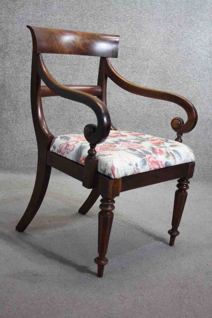 A Regency mahogany bar back armchair with scrolling arms on faceted tapering supports. - Image 2 of 3