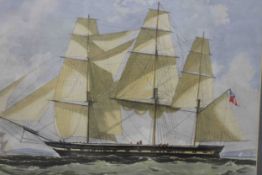 A framed and glazed 19th century hand coloured engraving of a British three mast schooner. Unsigned.
