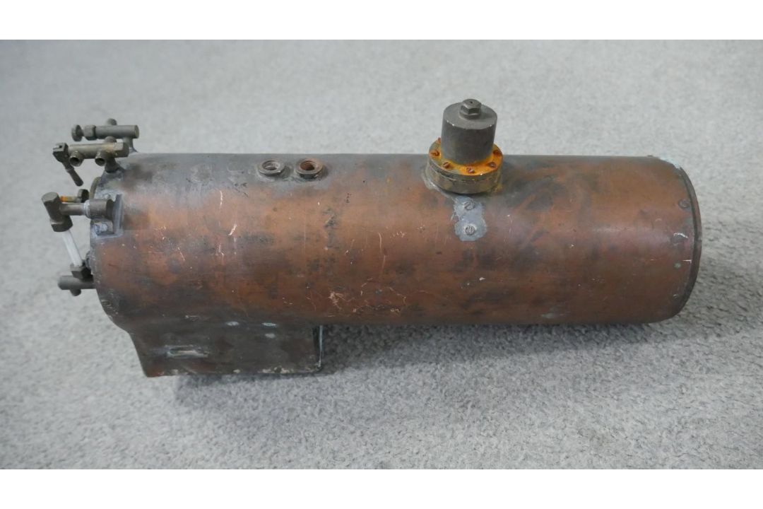 Four handmade copper and iron model steam locomotive parts. Including two boilers, a wagon and - Image 6 of 8