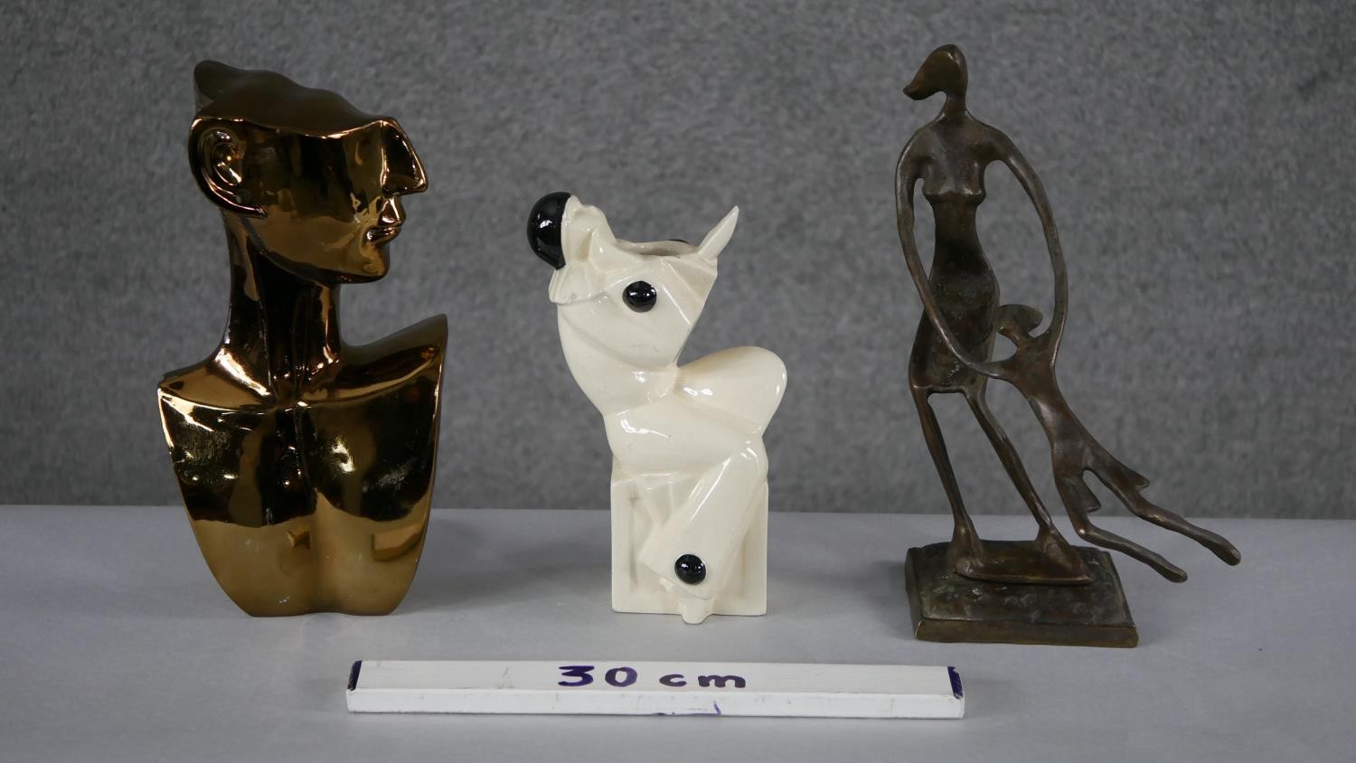 An Art Deco ceramic minstrel vase, a bronze effect moulded figure of a mother swinging her child and - Image 4 of 4