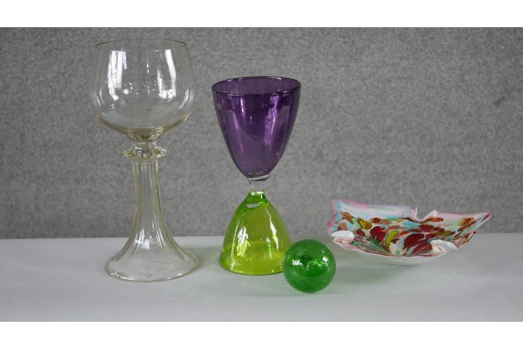 A collection of glass. Including a green and purple art glass hours design goblet, a colourful swirl - Image 1 of 5