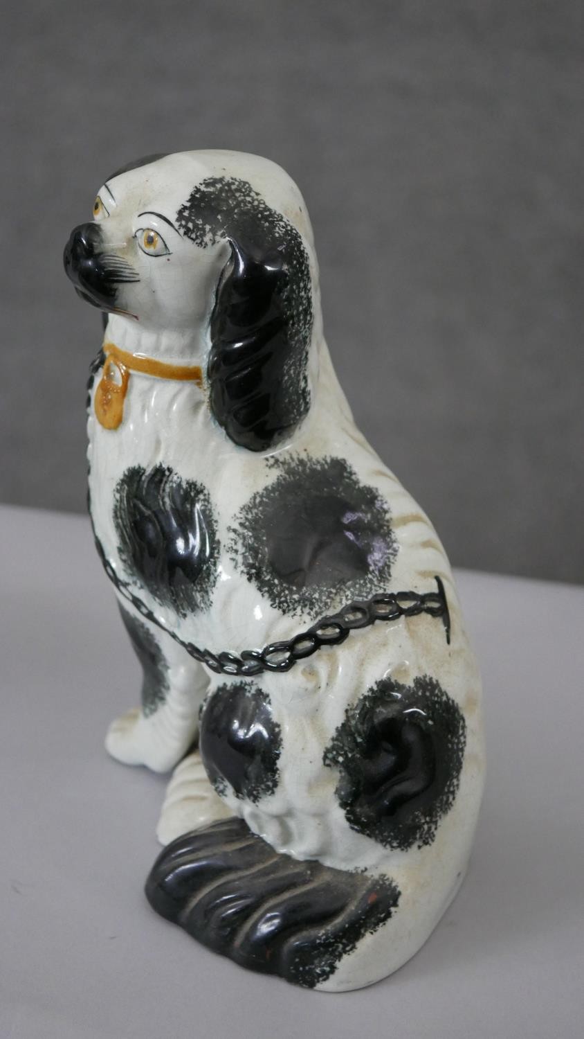 A pair of black and white Staffordshire pottery spaniels along with a hand painted Dresden porcelain - Image 4 of 7
