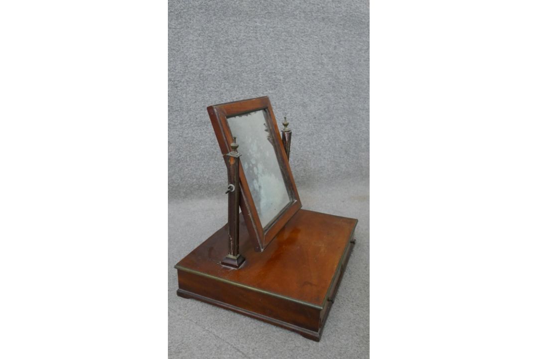A 19th century mahogany toilet mirror with adjustable swing mirror on platform base fitted with - Image 3 of 5