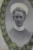 A green velvet and gilt framed picture of Florence Nightingale with hand written signature on