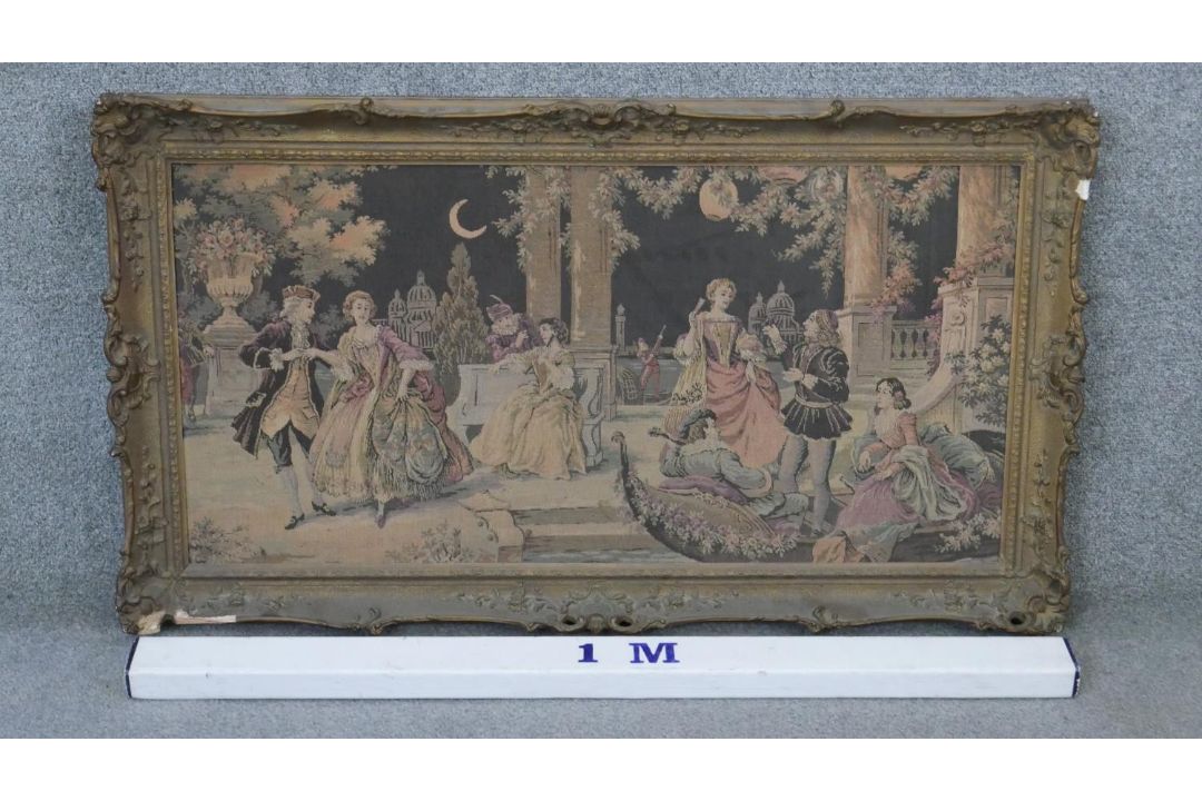 A framed Aubusson style tapestry of a ball scene. H.104 W.60 cm - Image 3 of 3