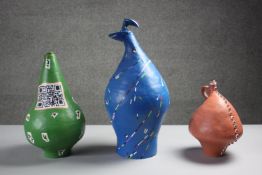 Hilary Beauchamp- Three hand painted studio pottery abstract form vessels with stoppers. Decorated