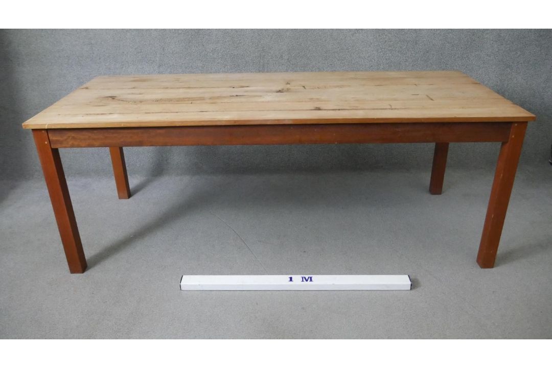 A Retrouvius refectory dining table with reclaimed poplar planked top raised on square tapering - Image 2 of 5