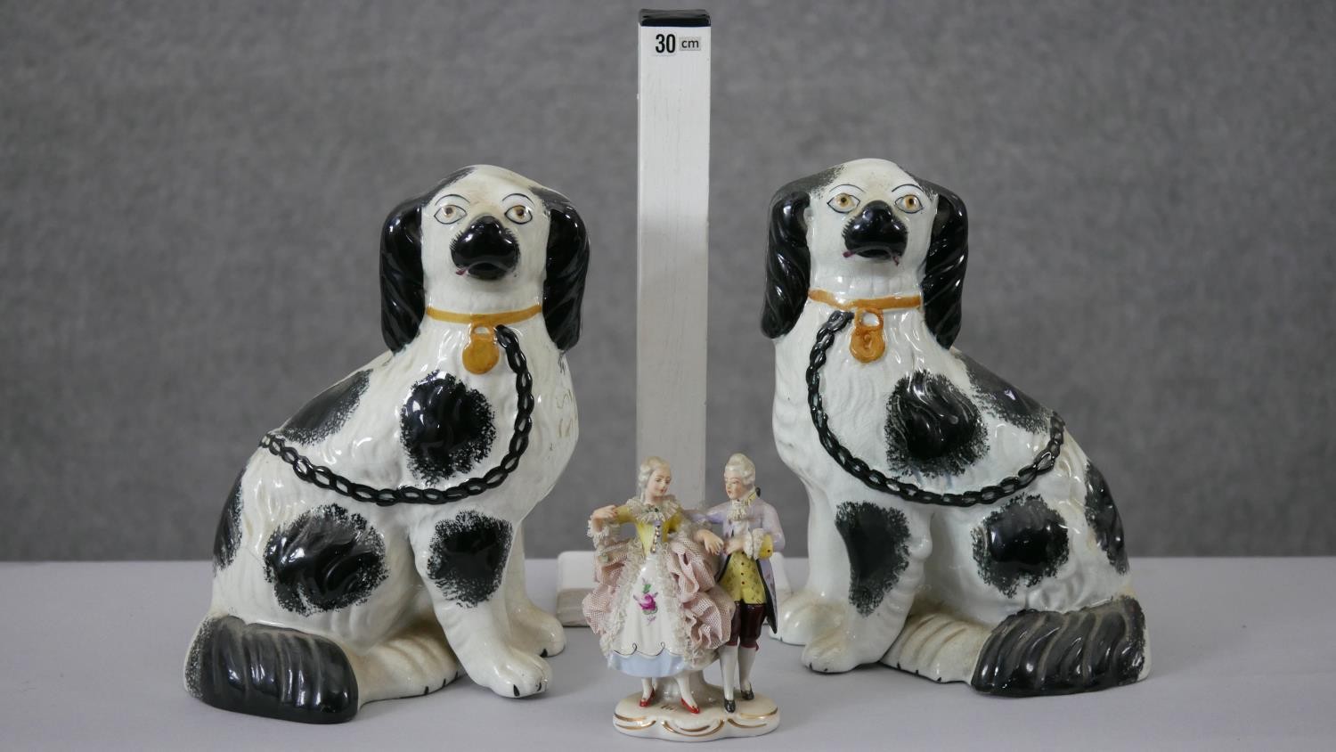 A pair of black and white Staffordshire pottery spaniels along with a hand painted Dresden porcelain - Image 7 of 7