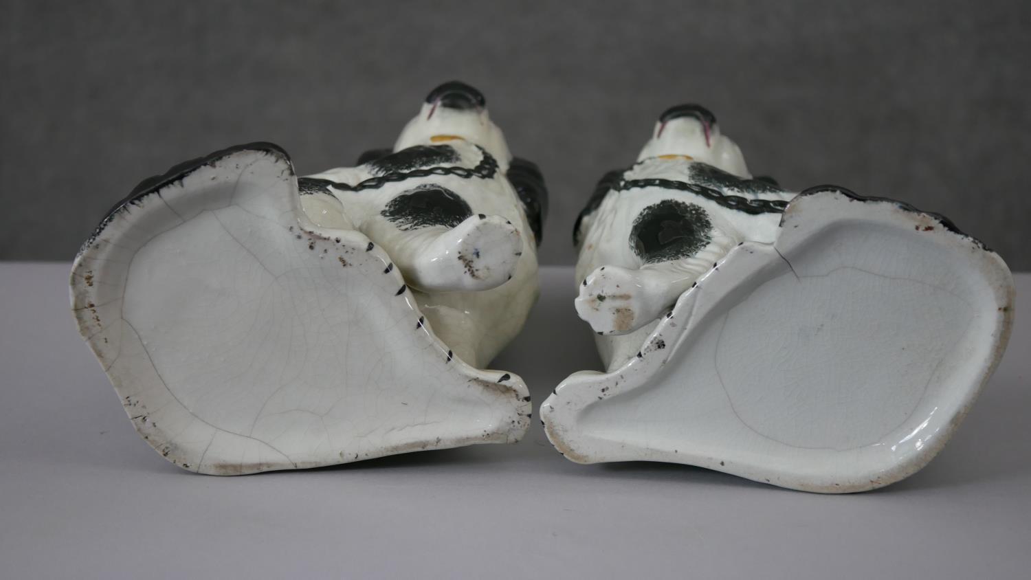 A pair of black and white Staffordshire pottery spaniels along with a hand painted Dresden porcelain - Image 3 of 7