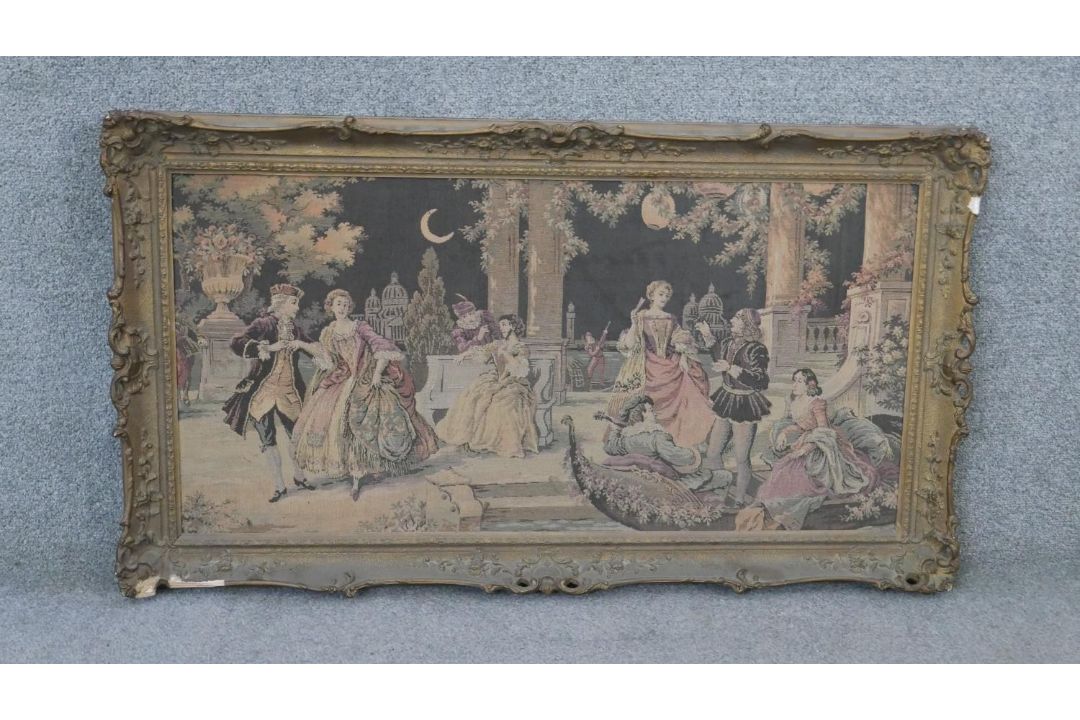 A framed Aubusson style tapestry of a ball scene. H.104 W.60 cm - Image 1 of 3