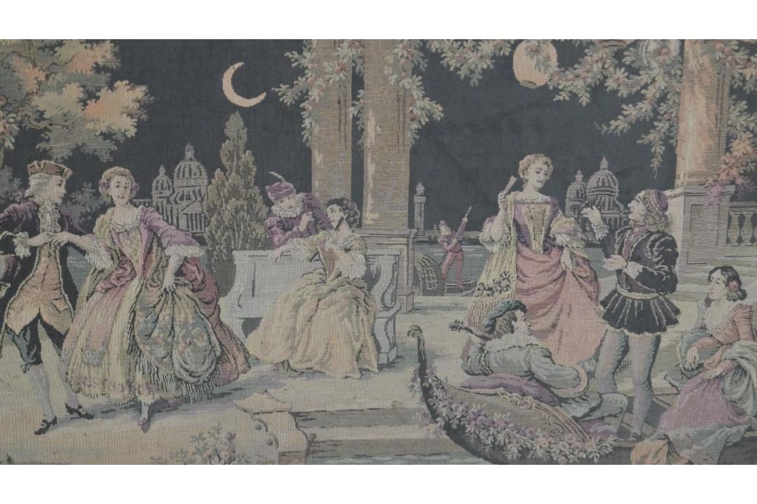 A framed Aubusson style tapestry of a ball scene. H.104 W.60 cm - Image 2 of 3
