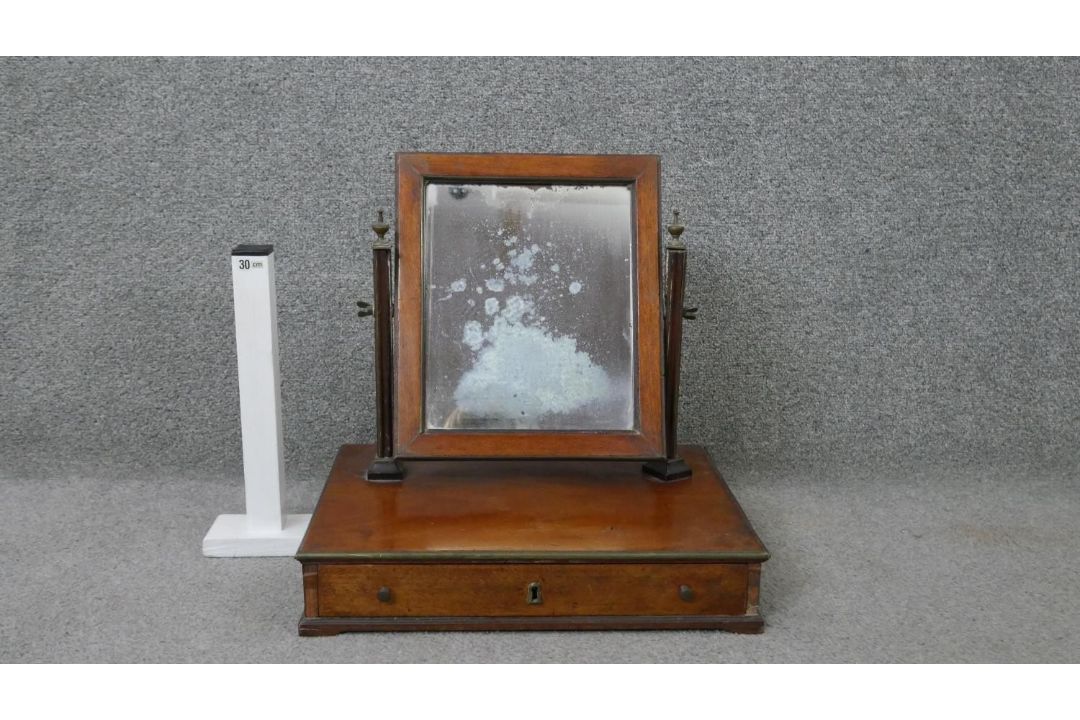 A 19th century mahogany toilet mirror with adjustable swing mirror on platform base fitted with - Image 5 of 5