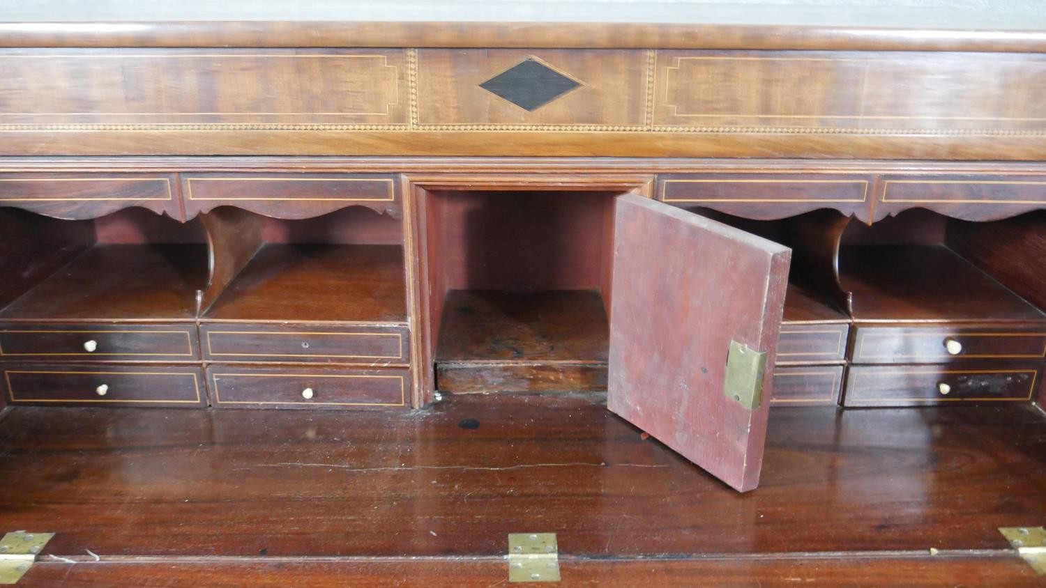 A Georgian mahogany, ebony and satinwood strung secretaire chest with fall front revealing fitted - Image 9 of 13