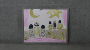 A framed and glazed Burberry silk scarf with figures in swimming costumes. Stamped Burberry. H.67