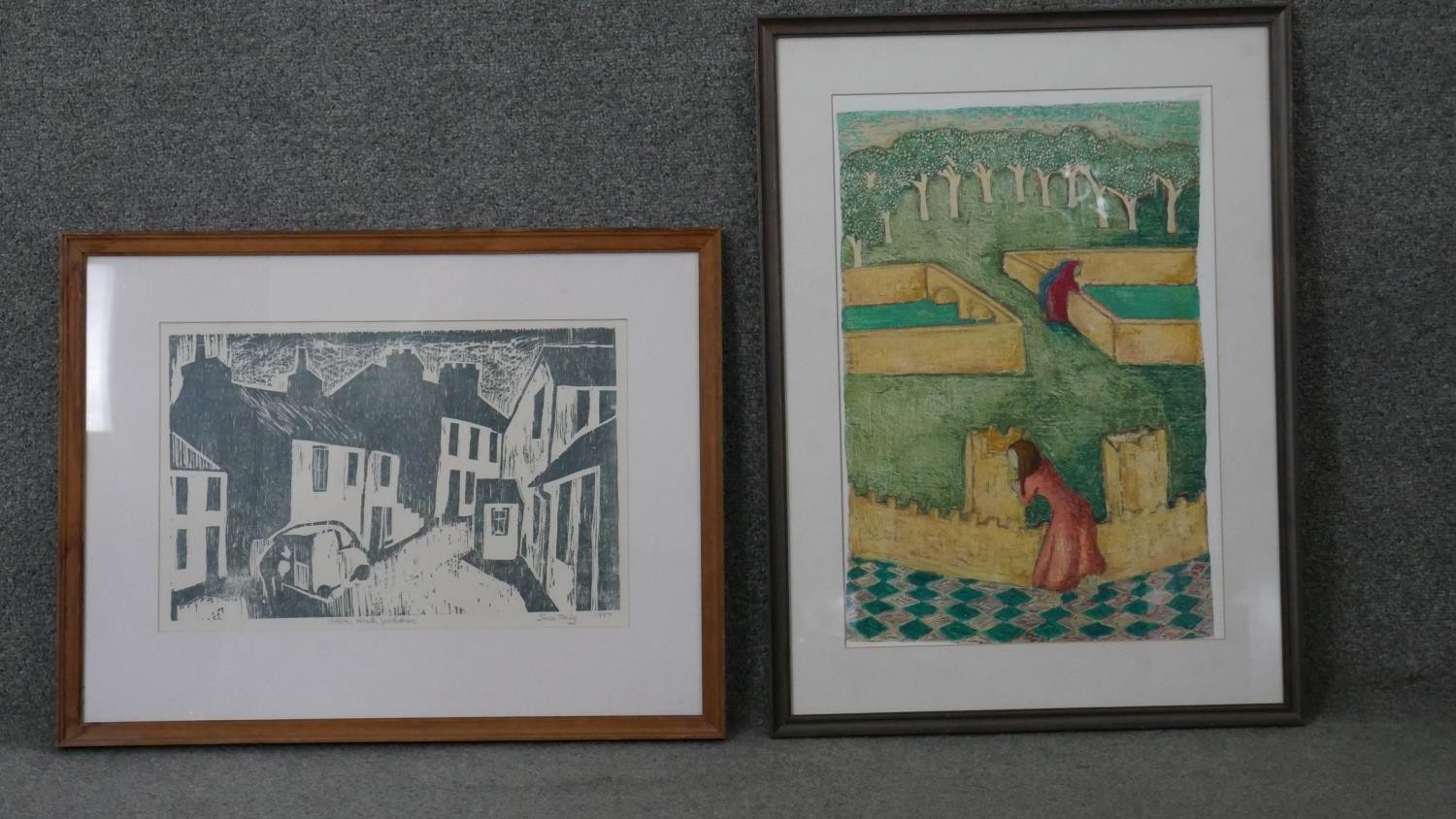 A framed and glazed woodcut, Orton North Yorks, signed Jane Tuely along with a framed and glazed oil - Image 2 of 8