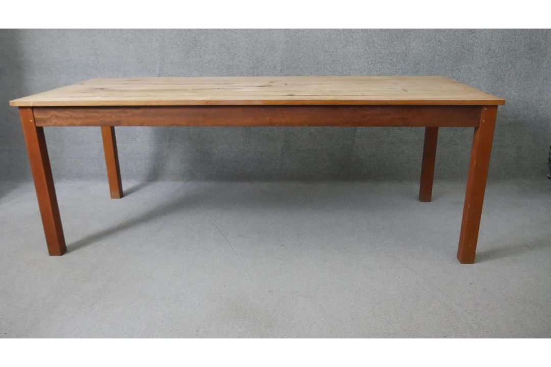 A Retrouvius refectory dining table with reclaimed poplar planked top raised on square tapering - Image 1 of 5