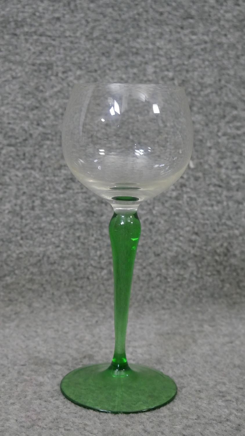 A set of five vintage hand blown green stem wine glasses. H.18 Diam.7 cm - Image 2 of 4