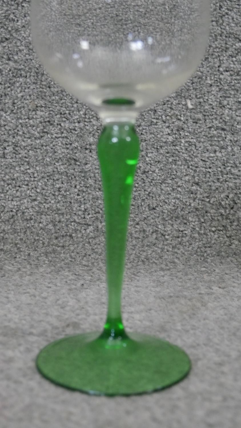 A set of five vintage hand blown green stem wine glasses. H.18 Diam.7 cm - Image 3 of 4
