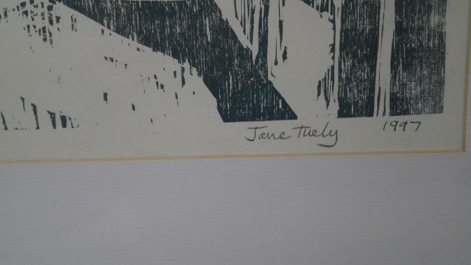 A framed and glazed woodcut, Orton North Yorks, signed Jane Tuely along with a framed and glazed oil - Image 6 of 8