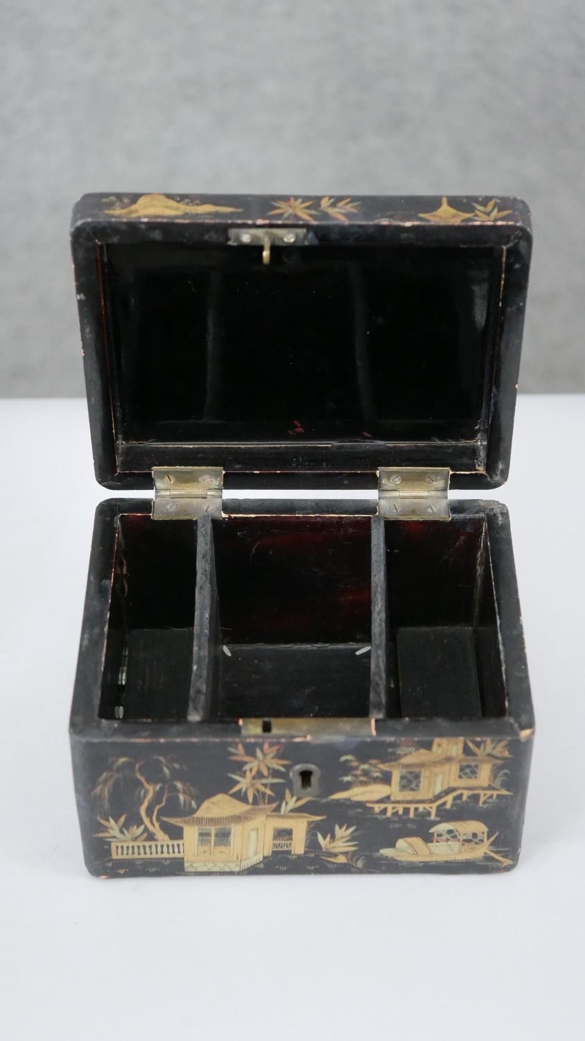 Two Japanese gilded lacquered boxes. One a tea caddy with partitions decorated with a village - Image 4 of 8