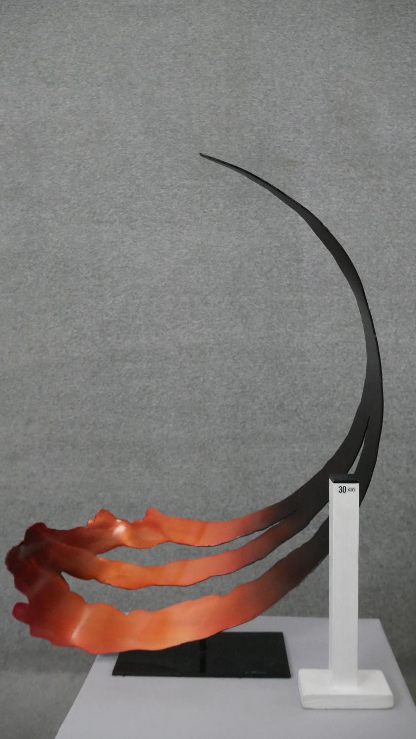 A large copper effect abstract curl steel sculpture on rectangular base. Indistinctly signed and - Image 5 of 5