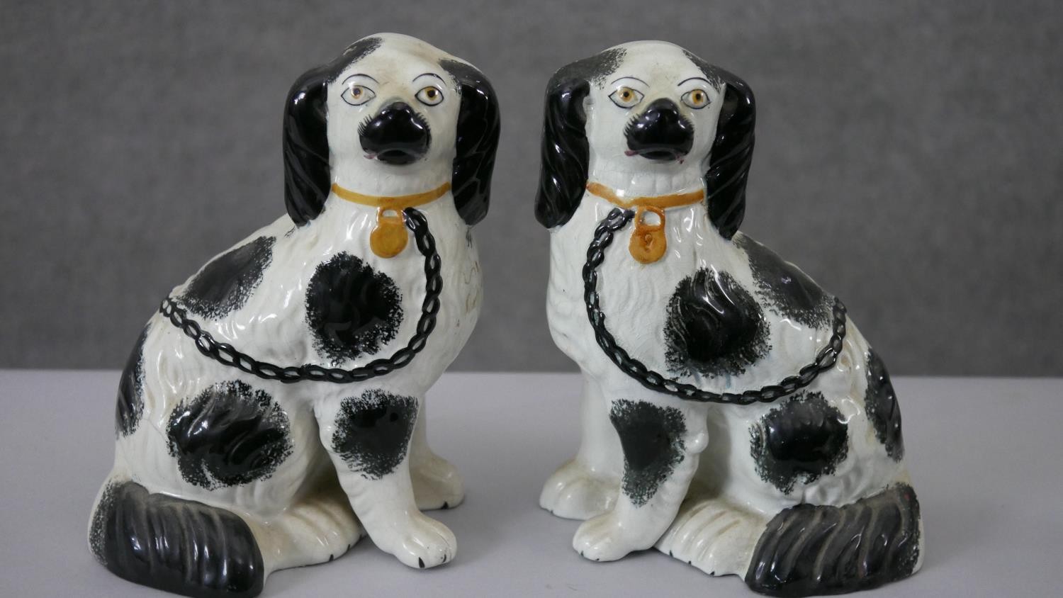 A pair of black and white Staffordshire pottery spaniels along with a hand painted Dresden porcelain - Image 2 of 7