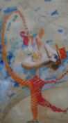 A pair of framed and glazed mixed media surreal studies, circus performers, signed T. Pliszcz. H.